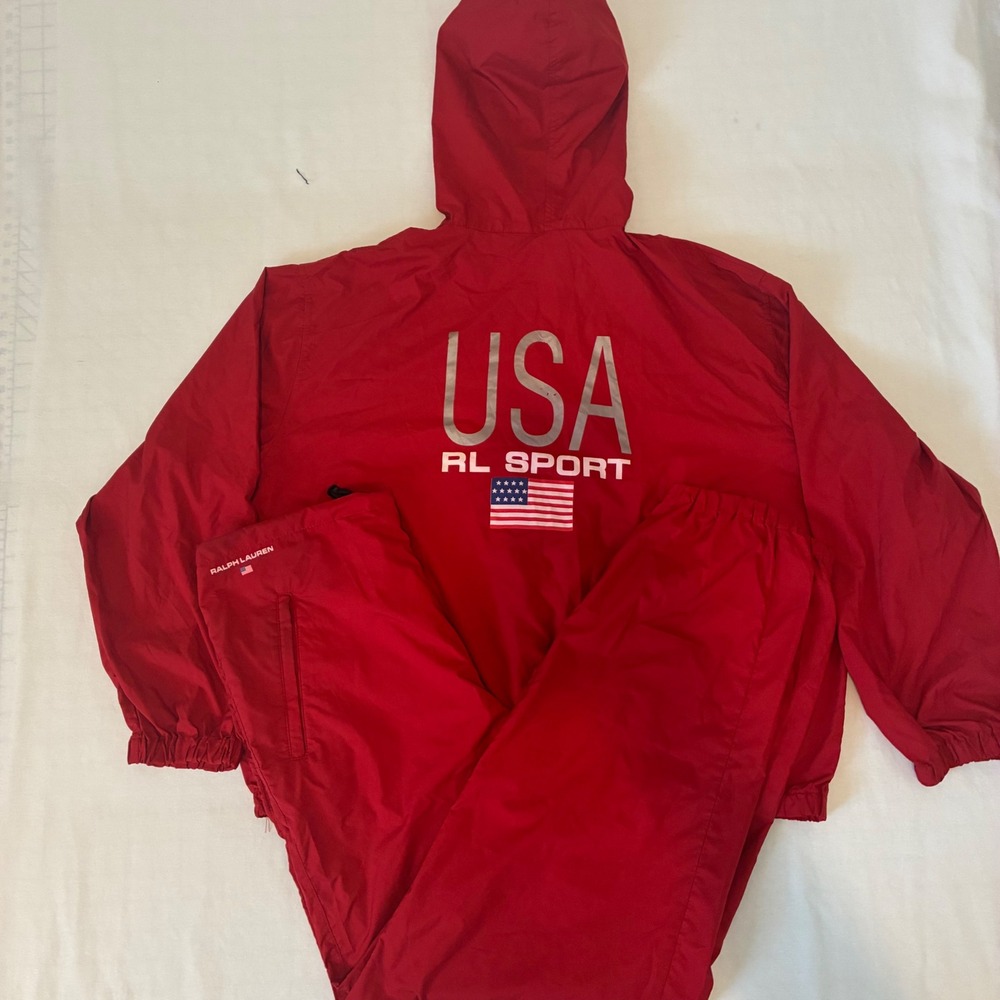 Ralph Lauren Windbreaker Jacket Women L Red Good USA RL Sport Flag Graphic